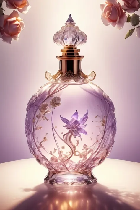 Bottle Design 、 ornate Buddha sculpture、 beautiful white roses are scattered all over the bottle、Kimonos are displayed inside the bottle 、Purple Background　Gold Lighting 、Precisely made 、 shot by a professional photographer 、Excellent lighting、 greatest ma...