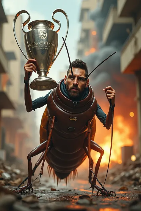 Create an image of Messi disguised as a cockroach while lifting a Champions League and there are a lot of explosions next door