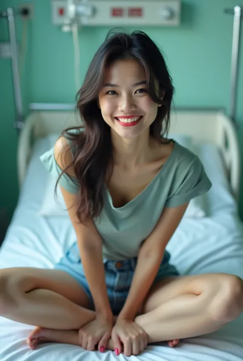 Portrait of a hospital room, sitting on a patient bed, front view, eye level. Young Asian woman is sitting with a scary smile on her lips and wide eyes. She is wearing a sexy outfit and has a casual hairstyle.