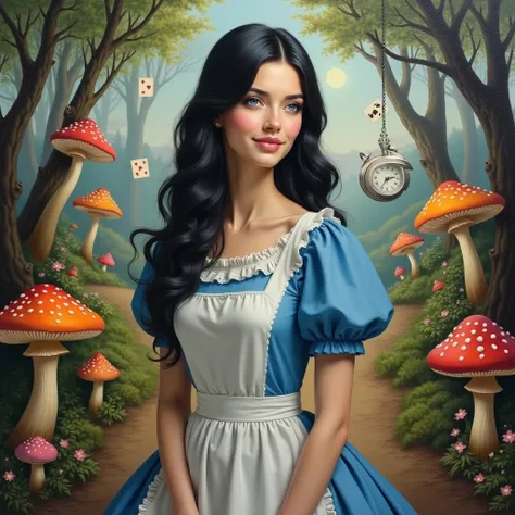  Oil painting of a woman of extraordinary beauty with European features ,  Long, shiny jet-black hair ,  and sapphire blue eyes that dazzle with their intensity .  She wears an enchanting smile that reflects sweetness and mystery .  She is dressed in the c...