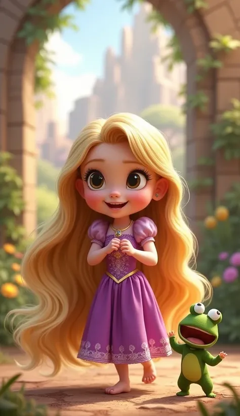 Disney Pixar style character Rapunzel baby with hair and ponytail in the beautiful cwho is standing up to move her dancing and white headband and who wears a frog costume