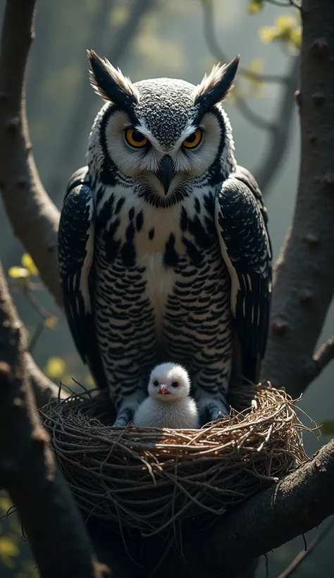 A VERY LARGE BLACK AND WHITE OWL GUARDING A NEST WITH A BABY 