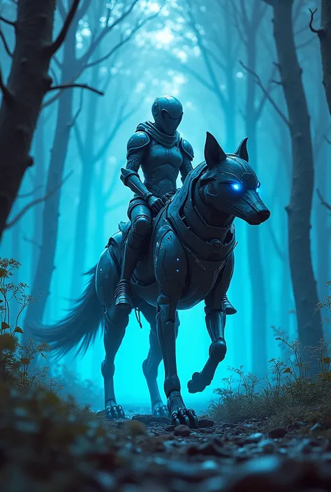 "The cyber knight rides on a wolf-shaped robotic beast, roaming through a forest filled with glowing plants with futuristic designs, where the trees tower with blue glowing branches."