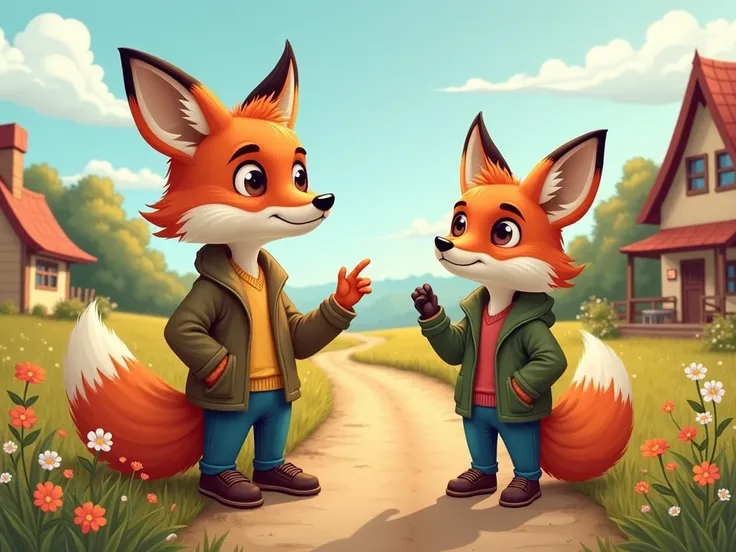 Generate a drawing of the same Fox dressed in normal clothes with a fox  (Real Estate Agent)  talking and that in the background is the cozy town with cozy houses and dirt roads that were painted between fields of wild flowers