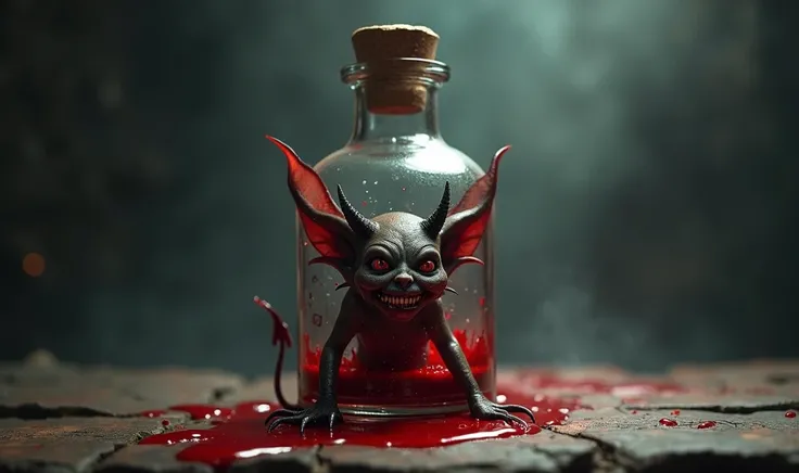 Little devil in a bottle feeding on blood 