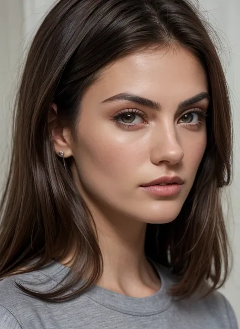 a close-up of a woman with long hair and a gray shirt, pretty female Phoebe Tonkin, Phoebe Tonkin,  brown hair parted in half , natural brown hair, girl with dark brown hair ,  medium brown hair , straight hairstyle,  Tousled brown hair ,  dark brown hair ...