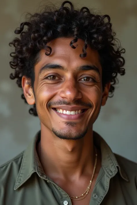  a person named Luigui a Brazilian with curly and short hair,  Long face, I bet,   a well-defined chin , slightly droopy eyes , somewhat large nose,  but not so much and I smile at the camera 