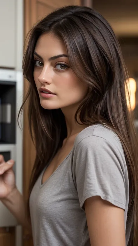 a close-up of a woman with long hair and a gray shirt, pretty female Phoebe Tonkin, Phoebe Tonkin,  brown hair parted in half , natural brown hair, girl with dark brown hair ,  medium brown hair , straight hairstyle,  Tousled brown hair ,  dark brown hair ...