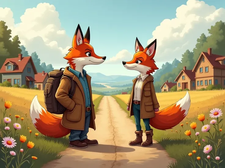 Generate a drawing of the Fox dressed in normal clothes with a pretty female vixen (Real Estate Agent)  talking and that in the background is the cozy town with cozy houses and dirt roads that were painted between fields of wild flowers