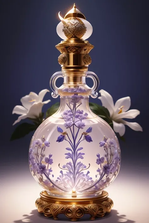 Bottle Design 、 ornate Buddha sculpture、Beautiful white violet flowers are scattered all over the bottle、Kimonos are displayed inside the bottle 、blue color background 　Gold Lighting 、Precisely made 、 shot by a professional photographer 、Excellent lighting...