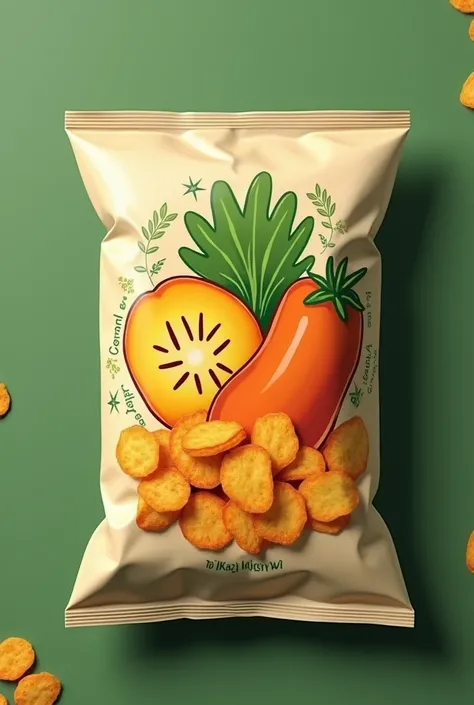 Packaging bag for vegetable chips containing carrot , potato and pumpkin ,  to be offered as a snack and that is similar to the lay potato bag, Let it come out in Spanish 