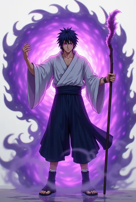 man black hair intense purple eyes wearing a white black clothing classic japanese style holding a staff (Obito Uchiha (Jinchuriki (controlling a massive purple Power (full body picture