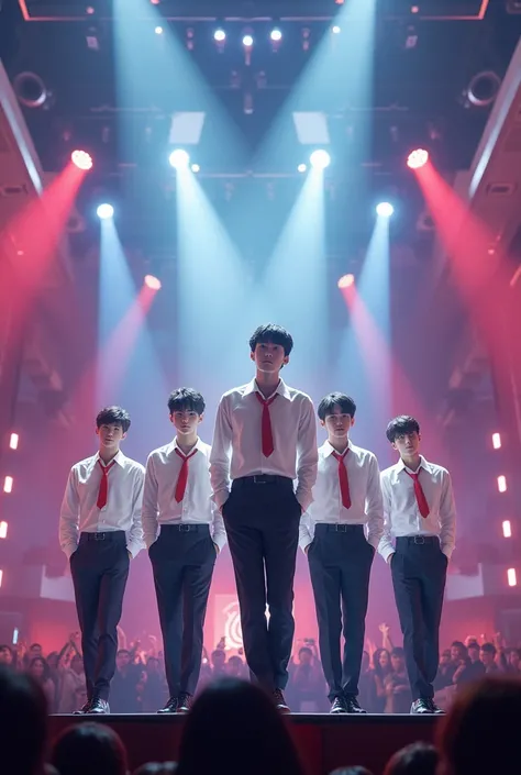 Five male idols wearing Korean school uniforms, with a concert stage in the background.