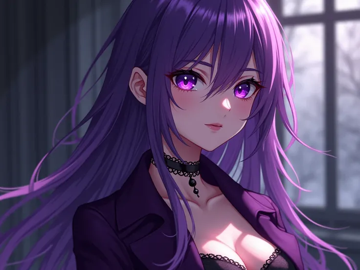  Make a female character, vampires, Hair covering the right eye, Purple eye, purple coat,  choker,  in anime style