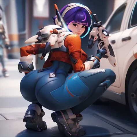 1girl, short hair, brown eyes, curvy waist, skinny, butt, small, big butt, exposed , smiling, ass, jn0, space suit, purple hair,...