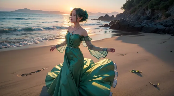 girl in green dress with lime shape neclace sing and dance and walk to sea at sunrise view from shore