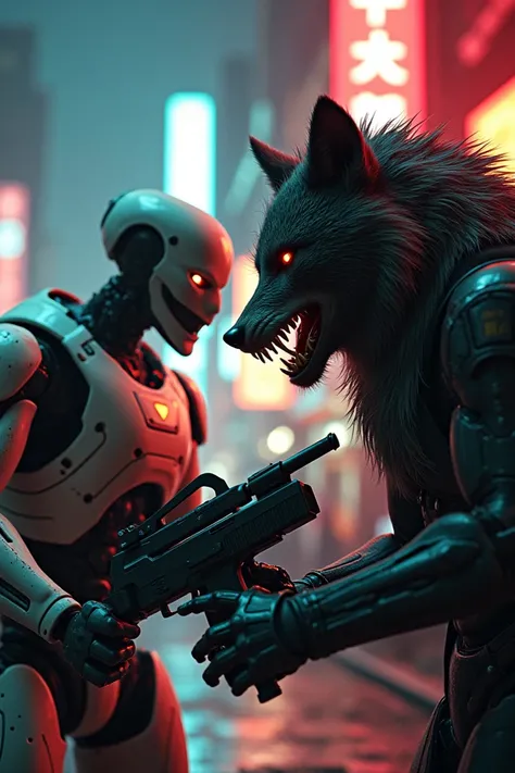 poster film yakuza wolf and robot . yakuza wolf is taking gun and robot have appliance