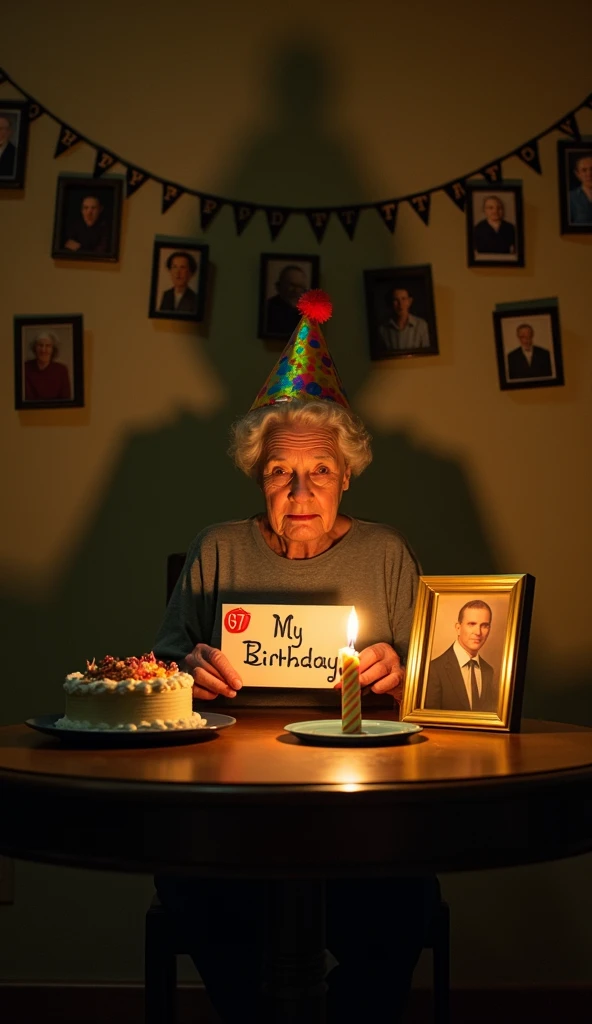 Develop an indoor night scene captured in an ultra-realistic photography style. An elderly American woman sits at a dark wooden table, illuminated by a dim yellow light from a single candle on the cake. She is wearing a colorful party hat with polka dots a...