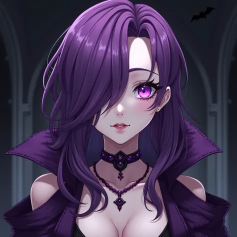  Make a female character, vampires,  Showing her fangs , Emo purple hair covering the right eye, Purple eye, purple coat,  choker,  in anime style 