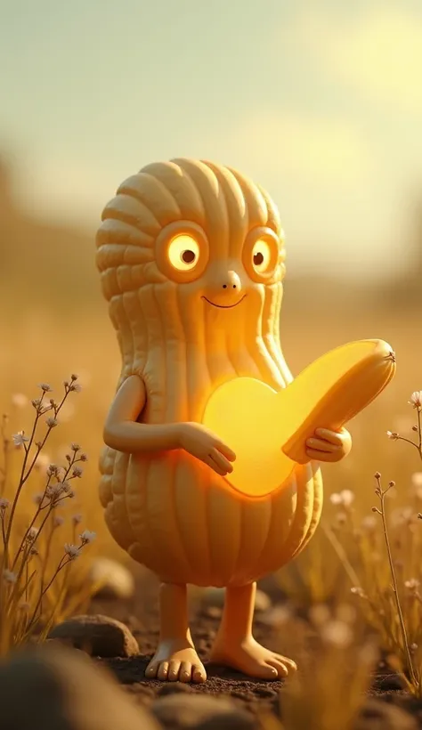 Design a playful peanut creature with a small, shell-textured body in a pale golden hue, its surface covered in soft ridges. Its glowing, inquisitive eyes peek out from the middle of its split-shell face. The creature stands in a sunny field surrounded by ...