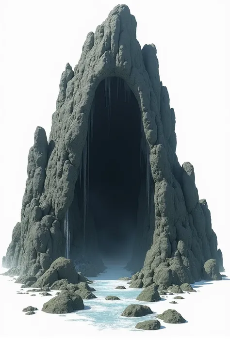 Deep dark stone cave embedded in a mountain and leanas falls around it ,, , worn and abused ,  standing alone on a white background, player style , and devoid of sustenance , minimalist,  industrial , 4k,  lyrics, photoreal
