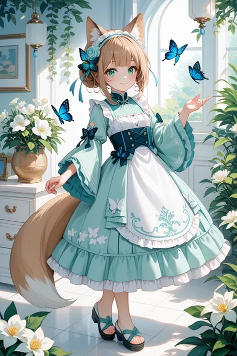  Help me create a cute girl。 Elements are creative outfits ，Element is flower ，Full body picture，fox ears tail， Hair is light milky brown ， Clothes light mint green white blue 。multiple views, hair flower, white headband, butterfly hair accessories,  Anime...