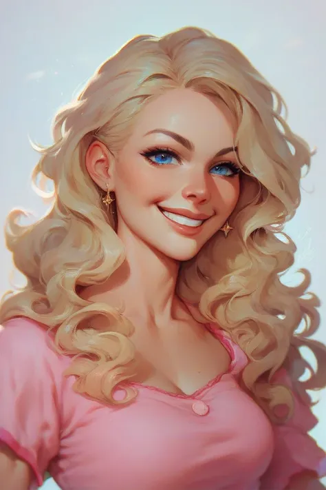 Blonde woman with wavy hair. dark blue eyes. pink clothes.  confident smile