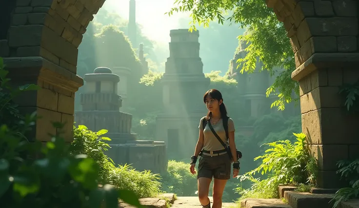 a female explorer in ancient ruins, fantasy anime, jungle environment, highly detailed, 8k, masterpiece, cinematic lighting, dramatic shadows, lush foliage, crumbling stone structures, intricate architectural details, sunlight streaming through canopy, adv...