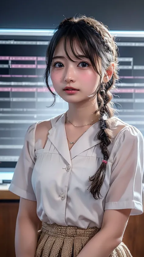 8k、cute、Adult female、  Details、Braid your hair in an intricate way、 staring at the camera、(( Software : 1.4)),((  Detailsな顔,  professional photo shoot)),   Mini Skirt、nurse