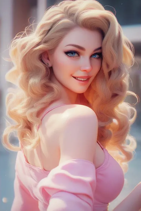 Blonde woman with wavy hair. dark blue eyes. pink clothes. confident and seductive smile