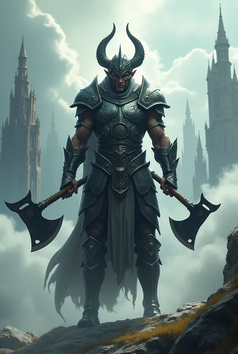  create an elf warrior that uses two sharp black axes.  he wears full iron armor  , And a horned helmet .  hes in an aerial city that sits on top of a cloud .