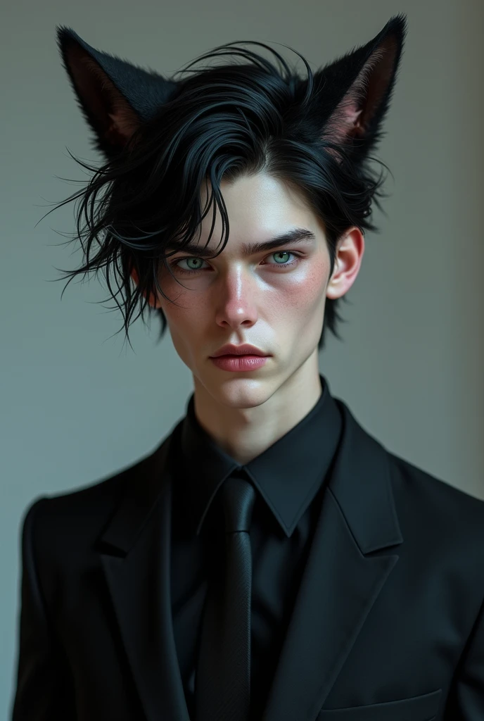 white boy with black hair around 18 years old, with wolf ears, tall, sharp fangs and blue eyes, dressed in a black suit