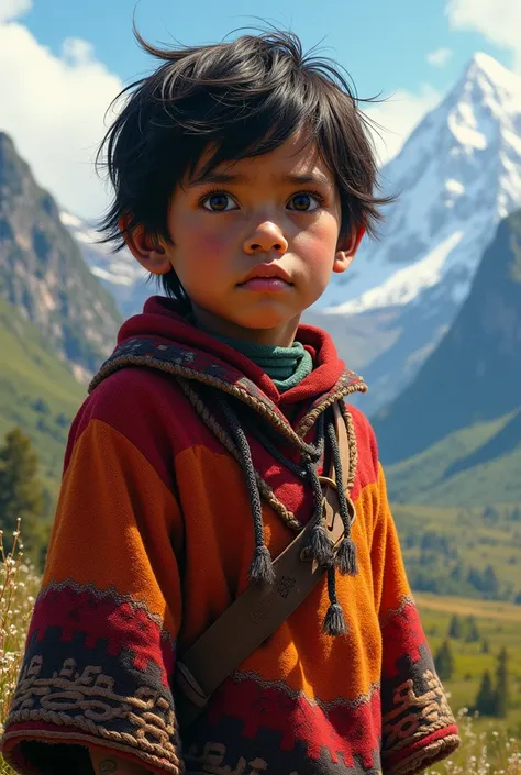 Make the image of a  boy indigenous to the mountains, with a poncho and an insightful and lively look