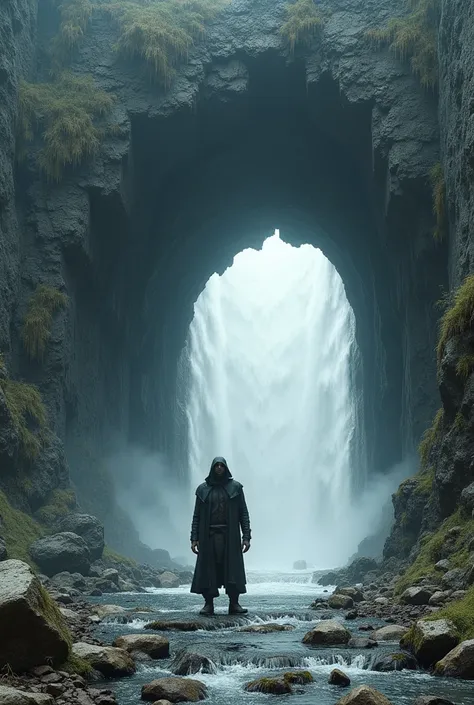 Deep dark earth cave embedded in a mountain and leanas falls around it ,, , worn and abused ,  standing alone on a white background, player style , and devoid of sustenance , minimalist,  industrial , 4k,  lyrics, photoreal