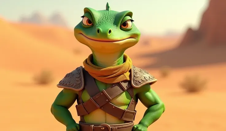 Ultra-realistic imagine 3D Pixar style, a humanoid lizard standing confidently in a desert setting. The character has vibrant green scaly skin, a muscular build, and a humanoid appearance. He wears a brown leather strap and armor with intricate carvings, a...