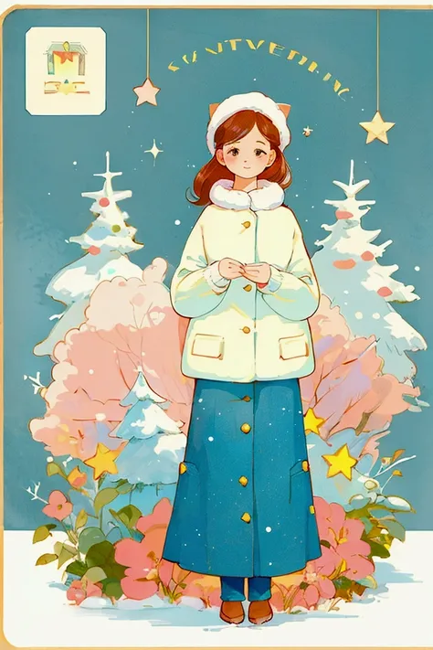 Retro, vintage, flat illustration, sentimental, retro color, pastel color, cozy, winter, soft, environment, post card design, card, lovely, comfort, star element decoration, without human