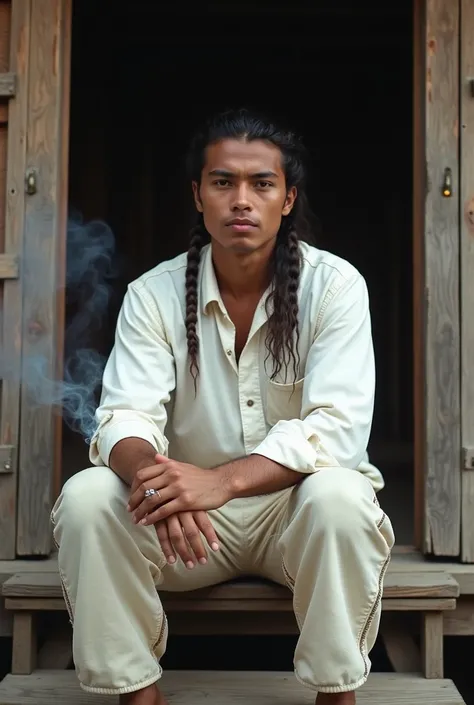 A handsome young apache tribal man wearing a white long sleeve apche custom shirt is sitting santay on the porch chair of a simple house of plank walls that are beginning to dull colored wood paint in newyork village,smiling face staring forward while hold...