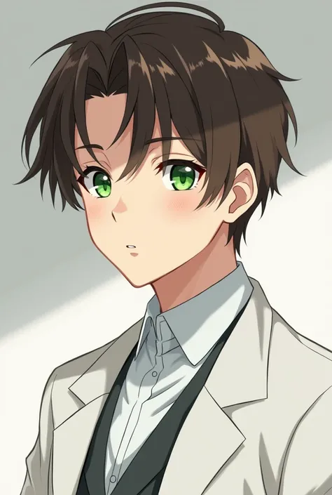 Matured  anime guy with green eyes, brown hair and in white coat