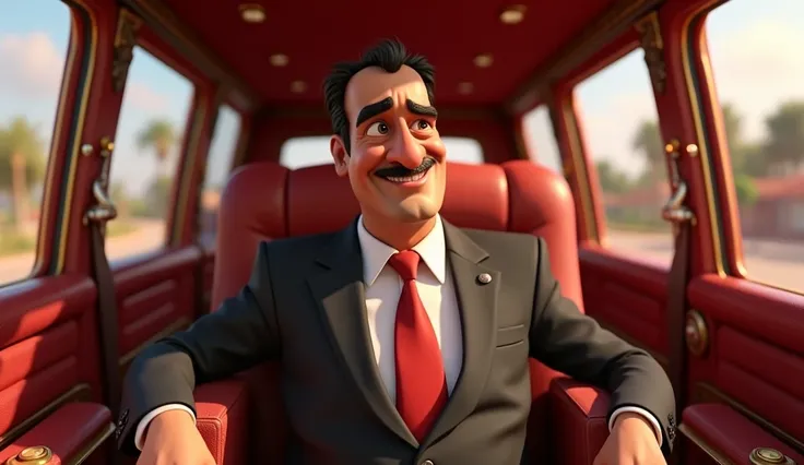 Pakistani Former President Asif zardari in a luxurious car. Lets the character in a 3d disney animation style 