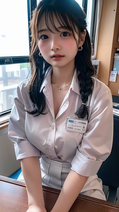 nurse8k、cute、Adult female、  Details、Braid your hair in an intricate way、 staring at the camera、((workplace: 1.4)),((  Detailsな顔,  professional photo shoot)),   Mini Skirt、nurse