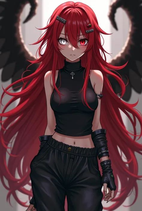 Anime girl with long red fluffy hair,covers eyes, wears a sleeveless turtleneck with baggy pants and long emo style boots and male rings and my piercings, half demon, half angel, one completely white eye and one red eye