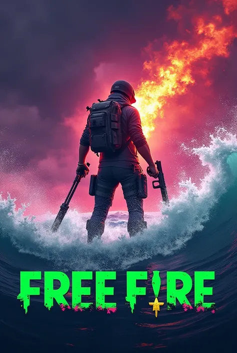 Free fire poster with Fire and Water and background color is purple and free fire text with green color 