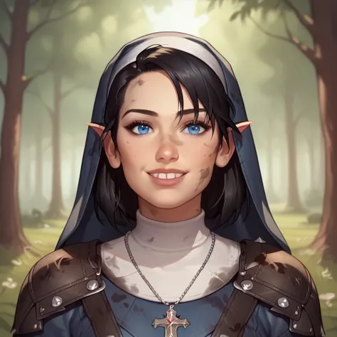 (((beautiful, high quality, comics style, detailed face))), score_9, score_8_up, score_7_up, BREAK, 1girl, duxlipa, warrior nun, small pointed ears, black hair, blue eyes, leather armor, (leather shoulder pads:1.4), simple pendant, nun veil, dirty clothes,...