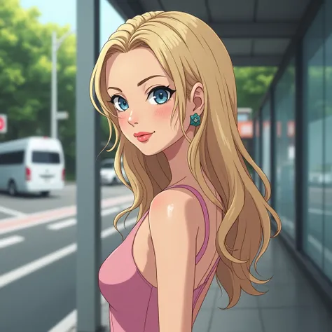 create an image of (((full body, head to toe))) in a wide shot anime 3D (((standing))) (((stilettos))), at a bus stop in japan, of Margot Robbie, of her physical appearance taking into account the harmonious combination of symmetrical facial features and a...