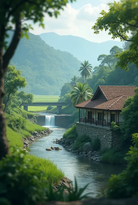 realistic photo. a few houses, near a small river, bordered by a stone embankment. background of rice fields interspersed with tropical trees. in the distance there is a low and small waterfall. blurry view from between the bushes.