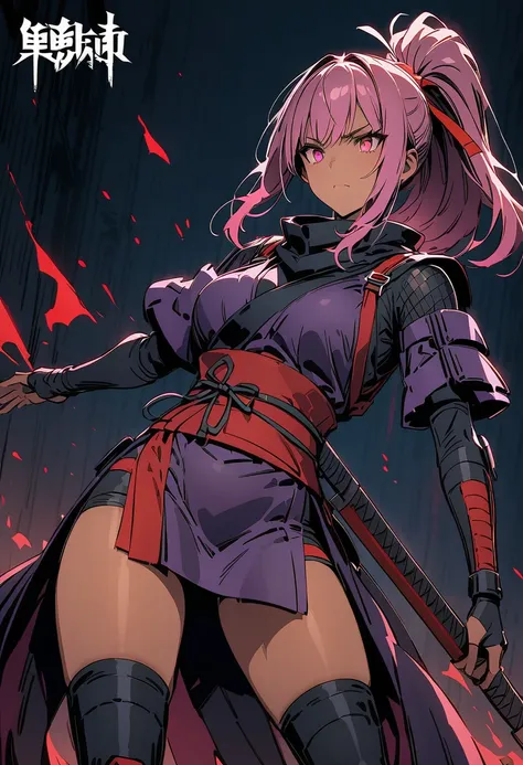 "Create an illustration of a futuristic female ninja with pink hair, wearing a detailed and modernized ninja costume and equipped with traditional and technical weapons. She has long ponytail pink hair tied with a red ribbon and a symbol She must be wearin...