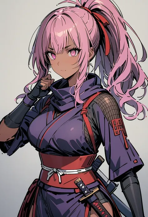 "Create an illustration of a futuristic female ninja with pink hair, wearing a detailed and modernized ninja costume and equipped with traditional and technical weapons. She has long ponytail pink hair tied with a red ribbon and a symbol She must be wearin...