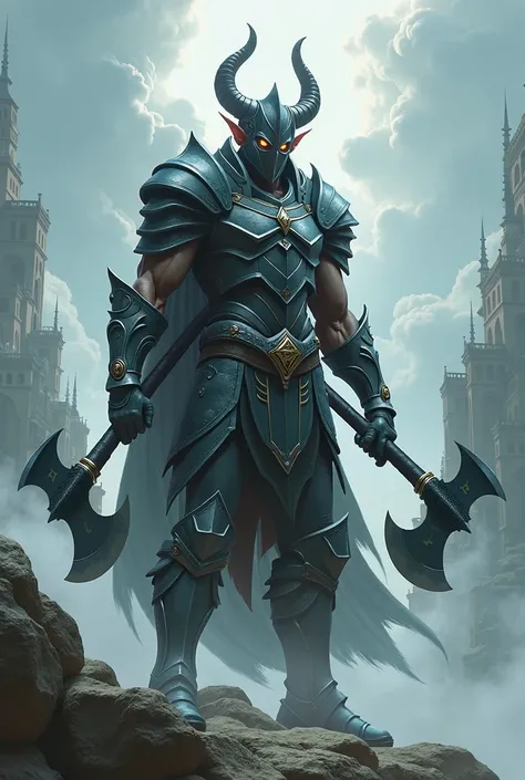  create an elf warrior that uses two sharp black axes.  he wears full iron armor  , And a horned helmet .  hes in an aerial city that sits on top of a cloud .