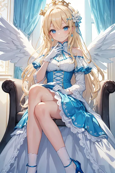 A modern style bedroom， A charming blonde angel sitting on a bedroom chair watching， Her long hair is adorned with delicate hair accessories ，She has bright blue eyes and a bright smile 。 She is wearing a blue and white off-the-shoulder pleated dress ，Matc...