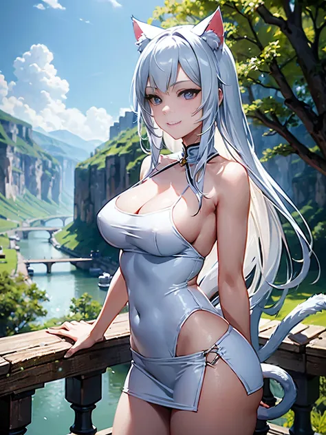 (masterpiece), best quality, smilling, expressive eyes, perfect face, Beautifull russian girl white long hair, ((CAT ears)) and a ((cat tail)), seductive smile, outdoor, erotic, excited, isekai medieval, river, forest, miniskirt, tshirt sexy, cgi, 8k, isek...